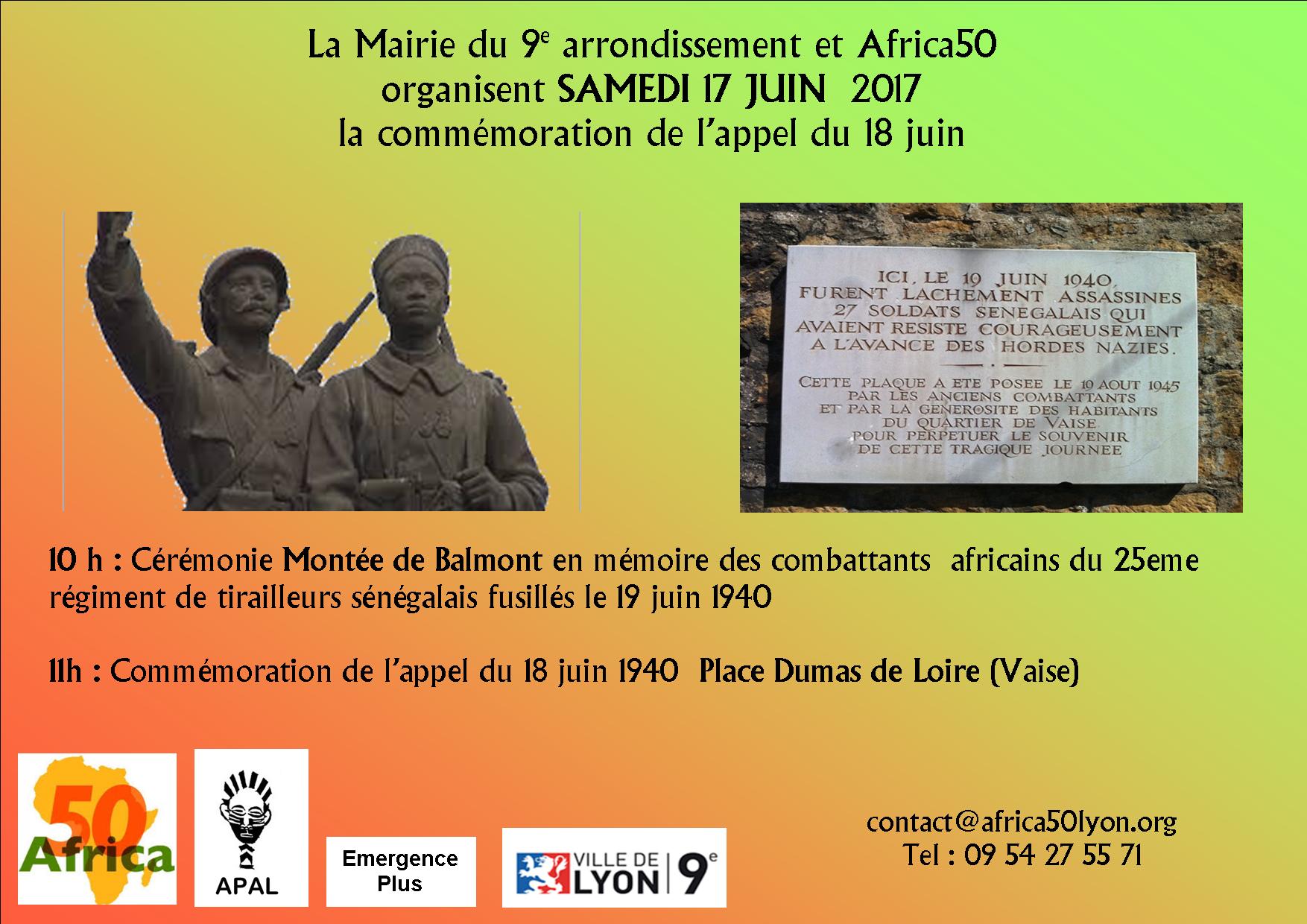 Hommage annuel aux Tirailleurs sénégalais samedi 17 juin à 10 h à Balmont (Lyon 9ème)