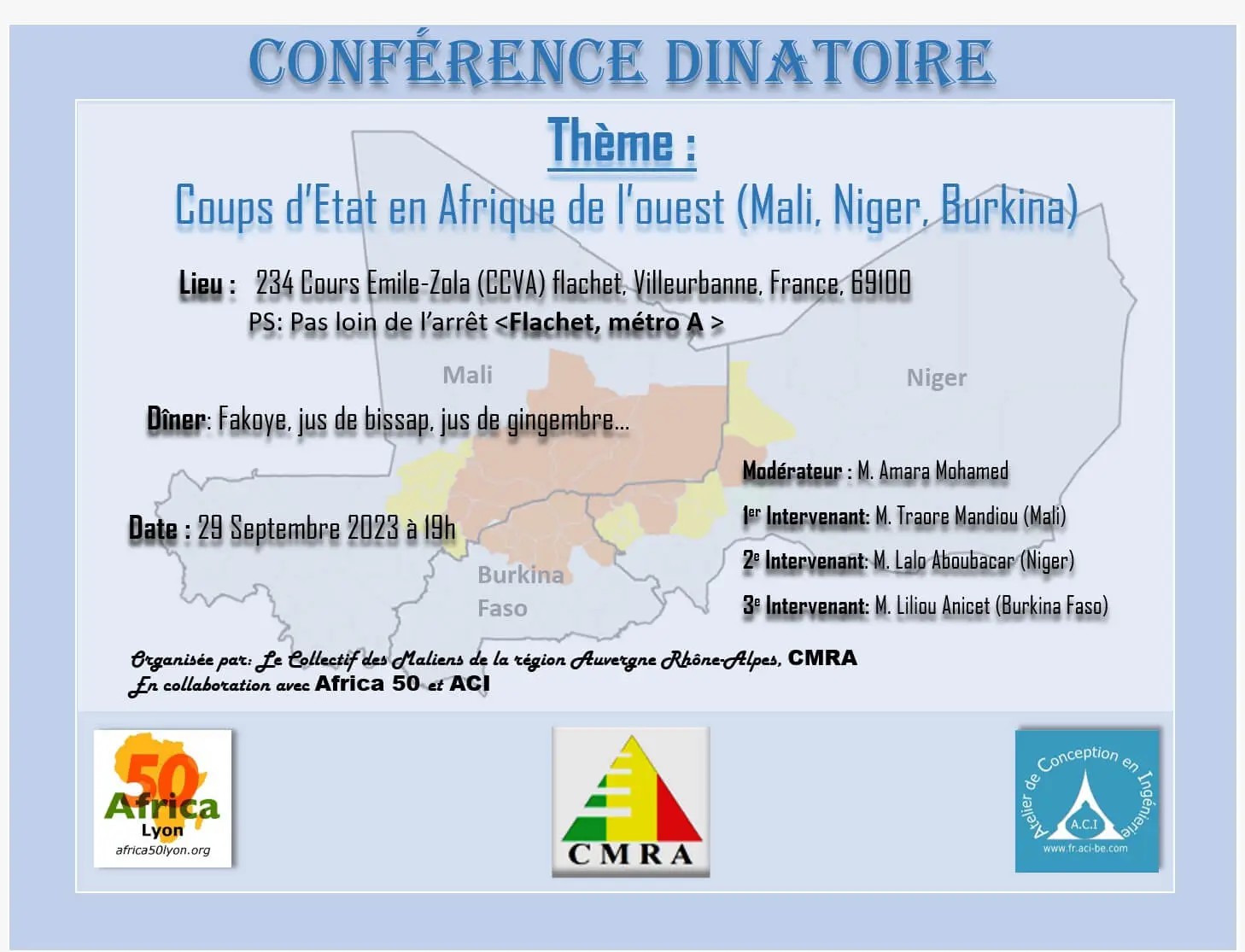 [MALI] 7e édition de Mali sur Scène Conférence dinatoire « Coups d’Etat en Afrique de l’Ouest (Mali, Niger, Burkina) vendredi 29 septembre 2023 à Villeurbanne (69)